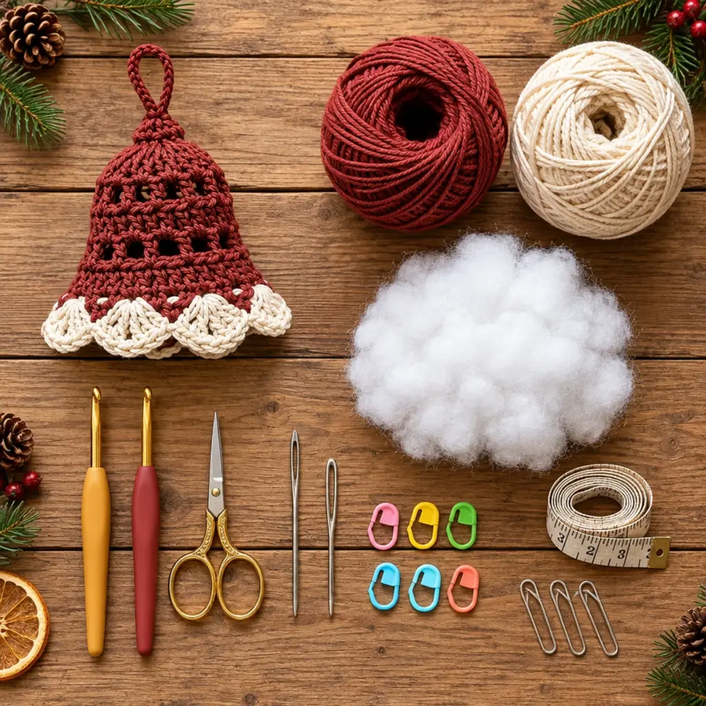 Elegant Burgundy and Ivory Crochet Christmas Bell Ornament article image 2