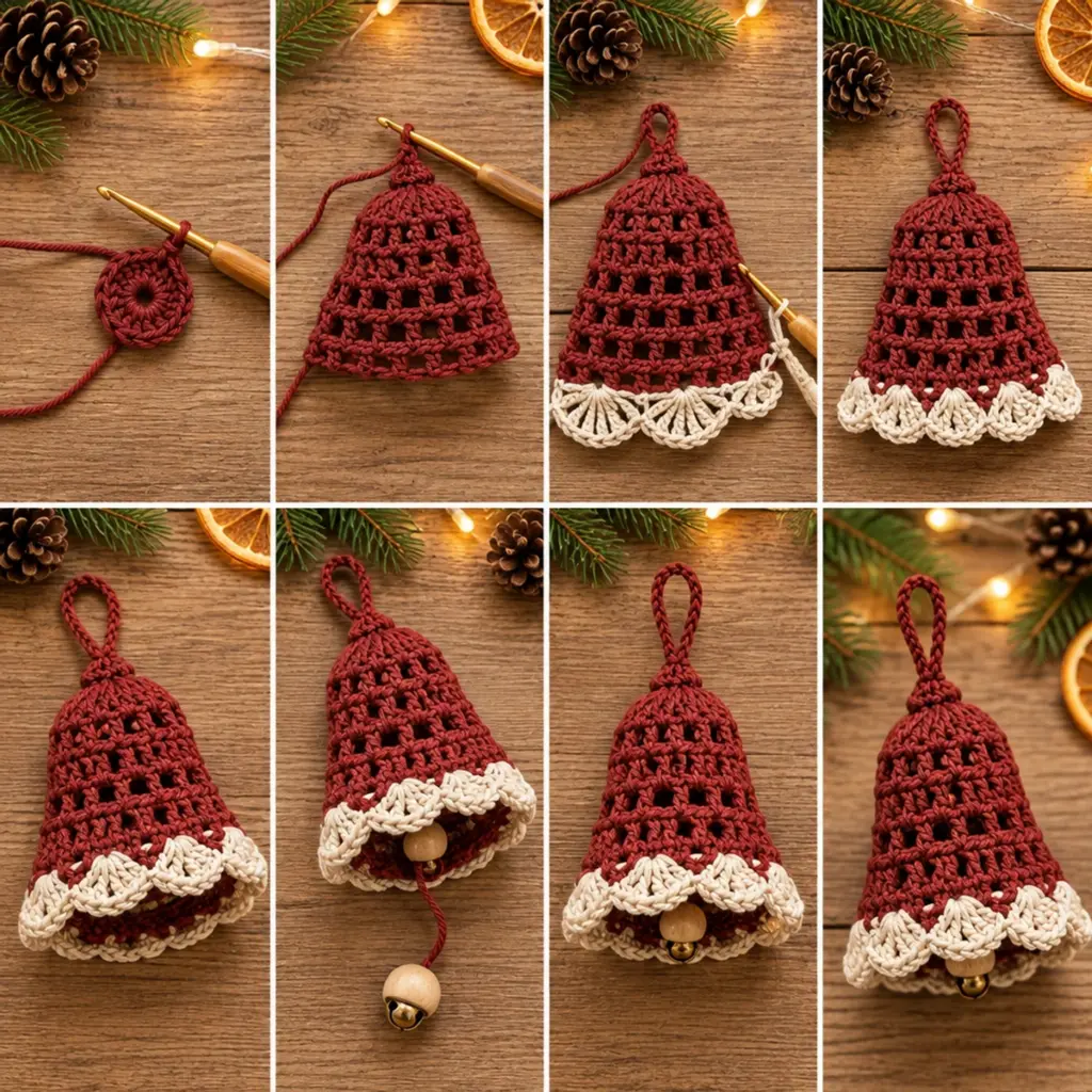 Elegant Burgundy and Ivory Crochet Christmas Bell Ornament article image 3