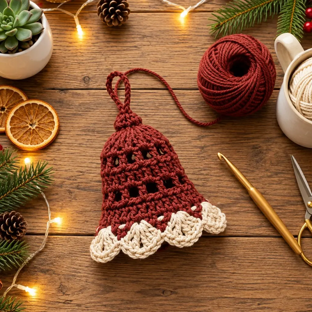 Elegant Burgundy and Ivory Crochet Christmas Bell Ornament article image 4