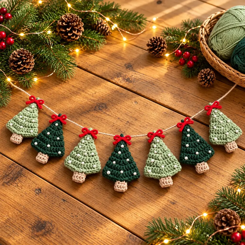 Mini crochet Christmas tree garland with alternating sage and forest green trees, cream trunks, white ornaments and red bows