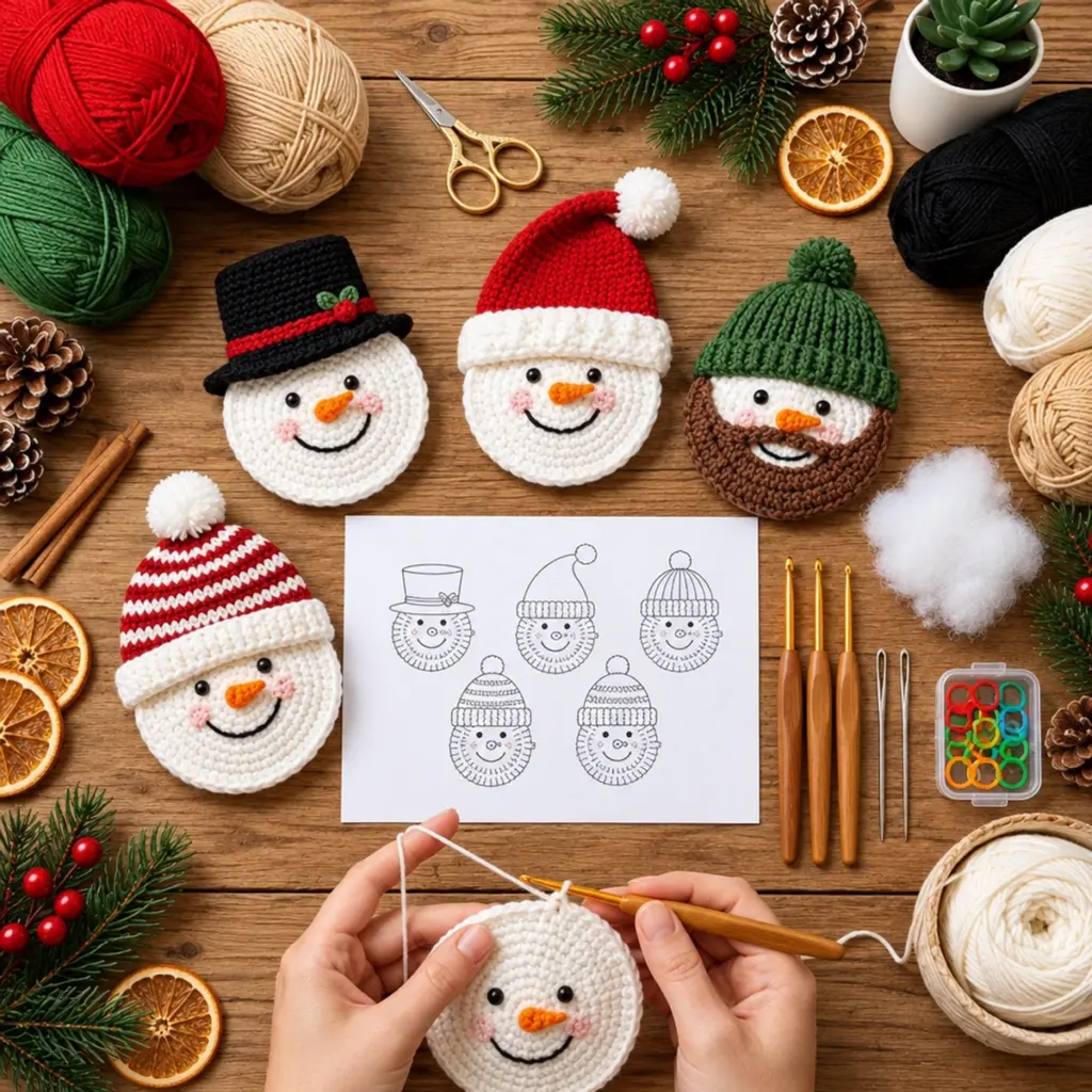 Charming Five Crochet Snowman Faces With Christmas Hats article image 2
