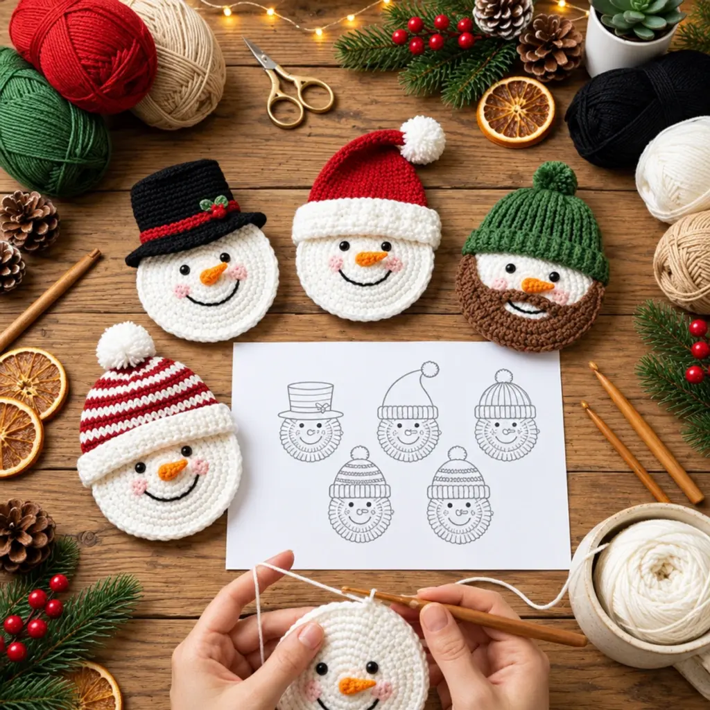Charming Five Crochet Snowman Faces With Christmas Hats article image 4