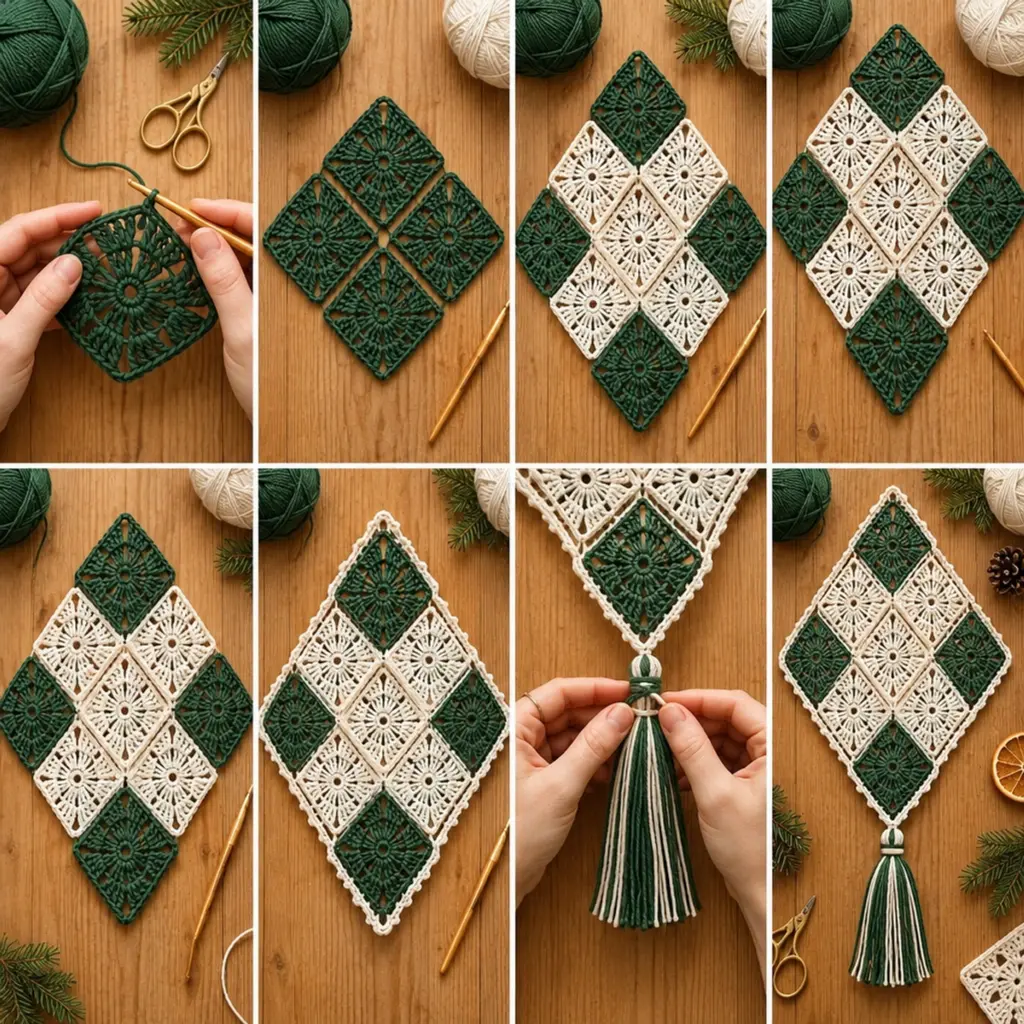 Forest Green and Ivory Crochet Diamond Lace Curtain Tutorial article image 3