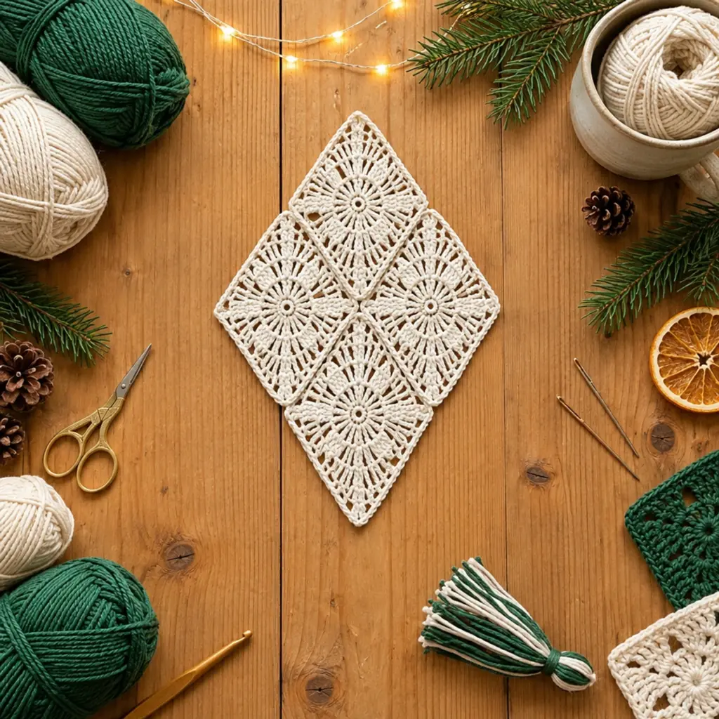 Forest Green and Ivory Crochet Diamond Lace Curtain Tutorial article image 4