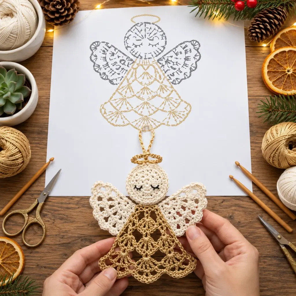 Golden Champagne Lace Crochet Christmas Angel Ornament Joyfully Crafted article image 4