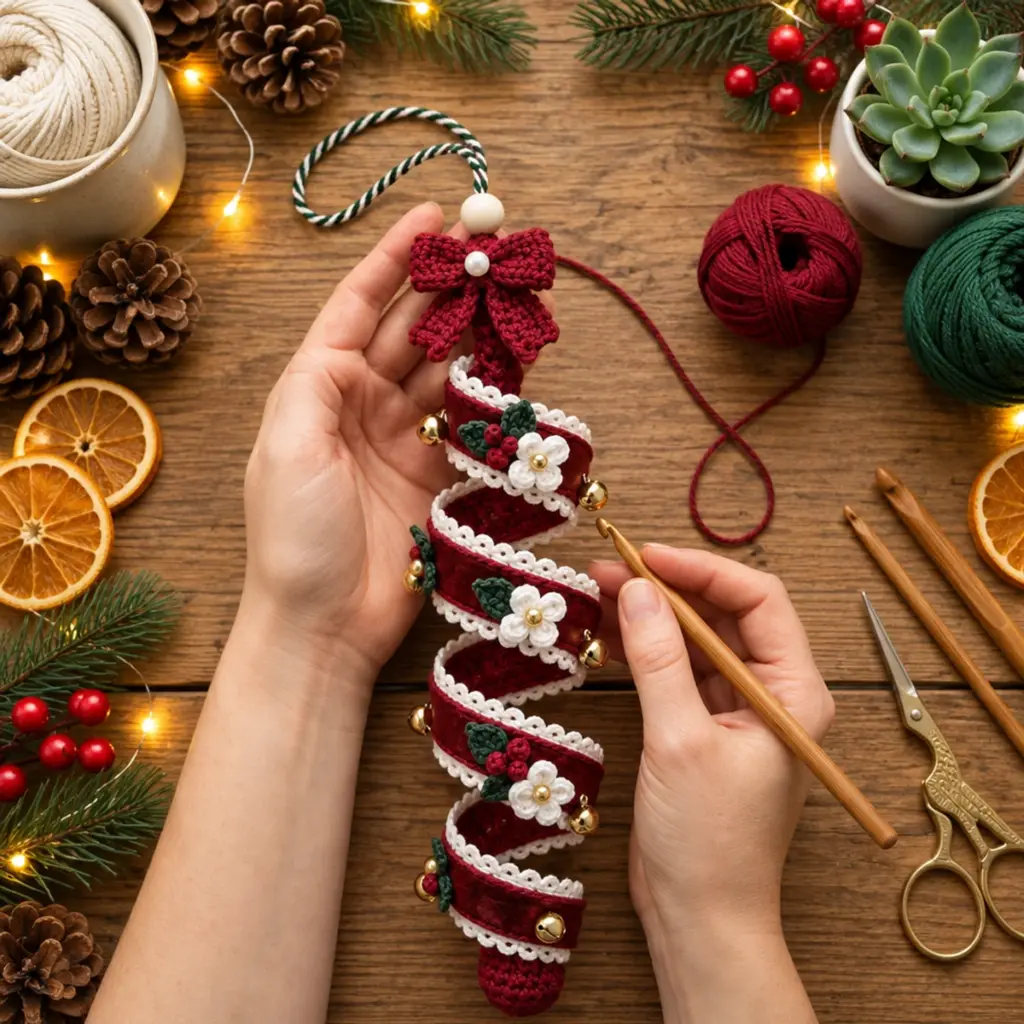 Cozy Hanging Christmas Corkscrew Spiral Crochet Ornament article image 4
