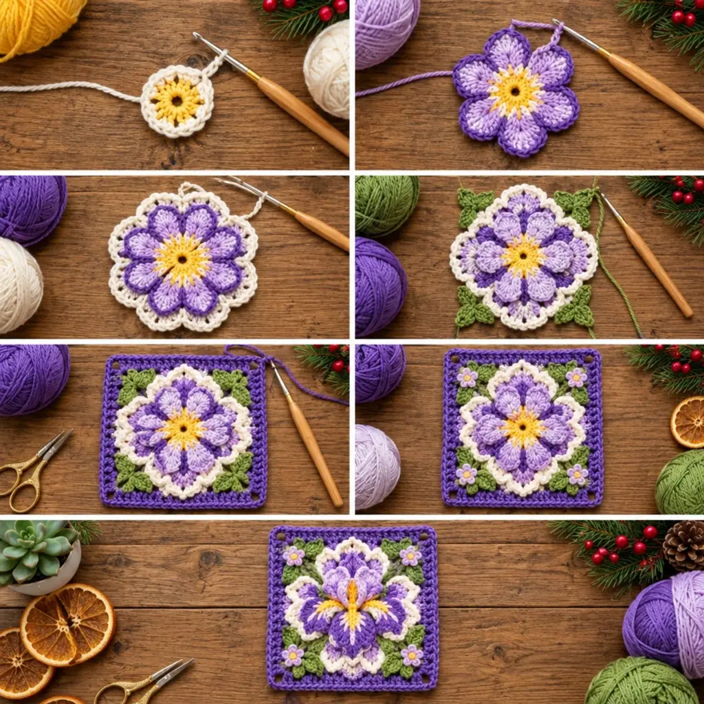 Photorealistic Iris Flower Granny Square Crochet Reel Guide article image 3