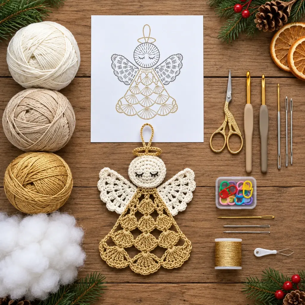 Charming Ivory and Gold Crochet Christmas Angel Ornament article image 2