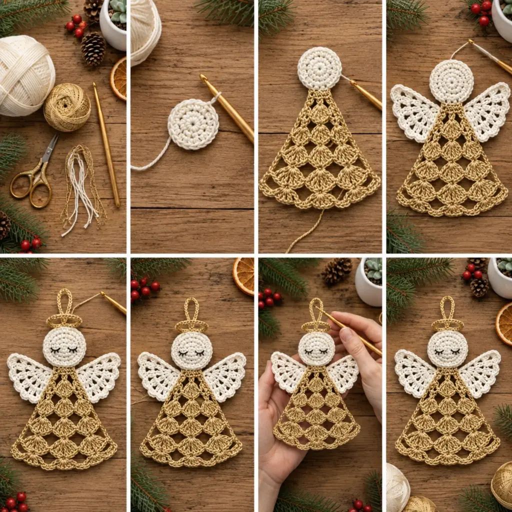 Charming Ivory and Gold Crochet Christmas Angel Ornament article image 3