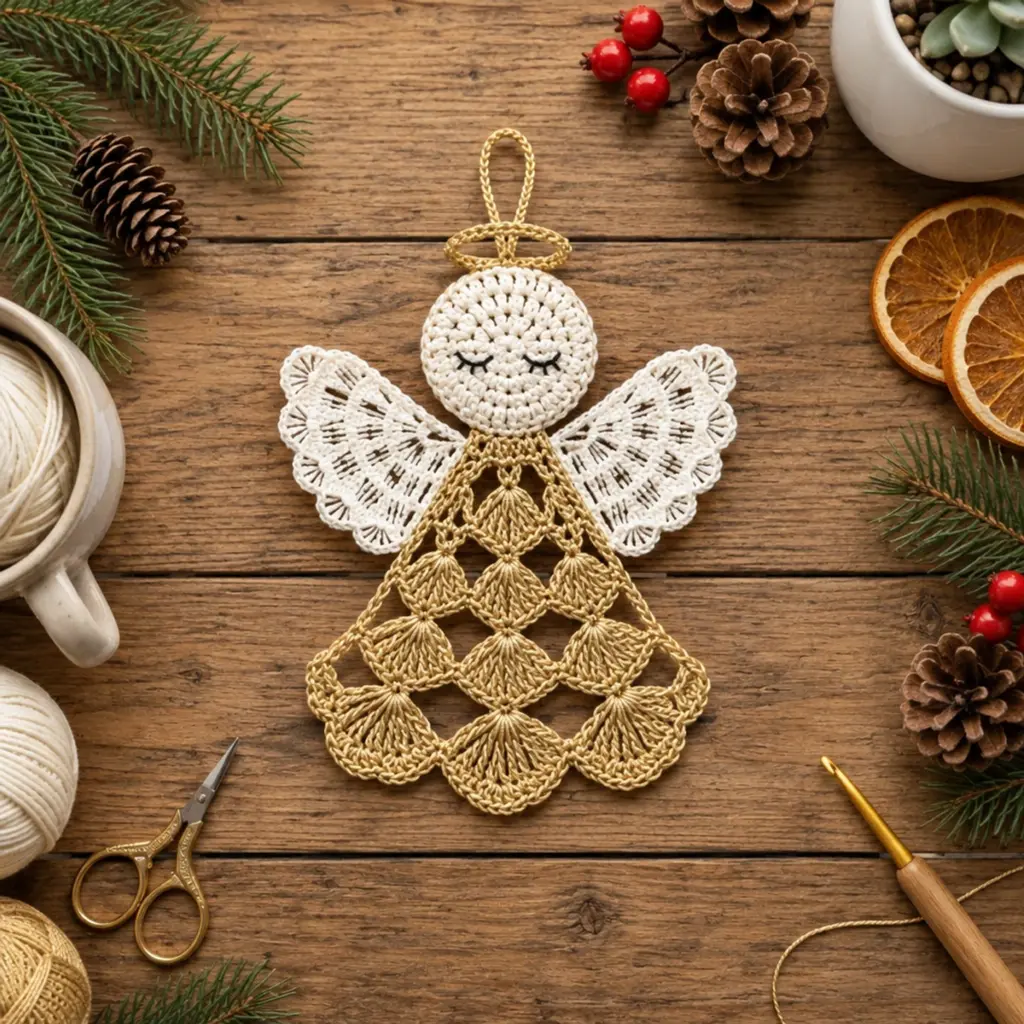 Charming Ivory and Gold Crochet Christmas Angel Ornament article image 4