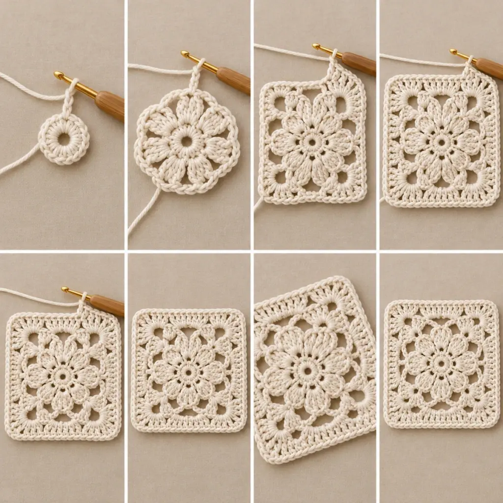 Delicate Ivory Eight-Petal Floral Lace Granny Square Tutorial article image 3