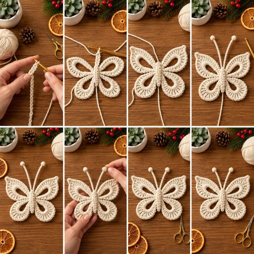 Delicate Ivory Four-Wing Crochet Butterfly Ornament Tutorial article image 3