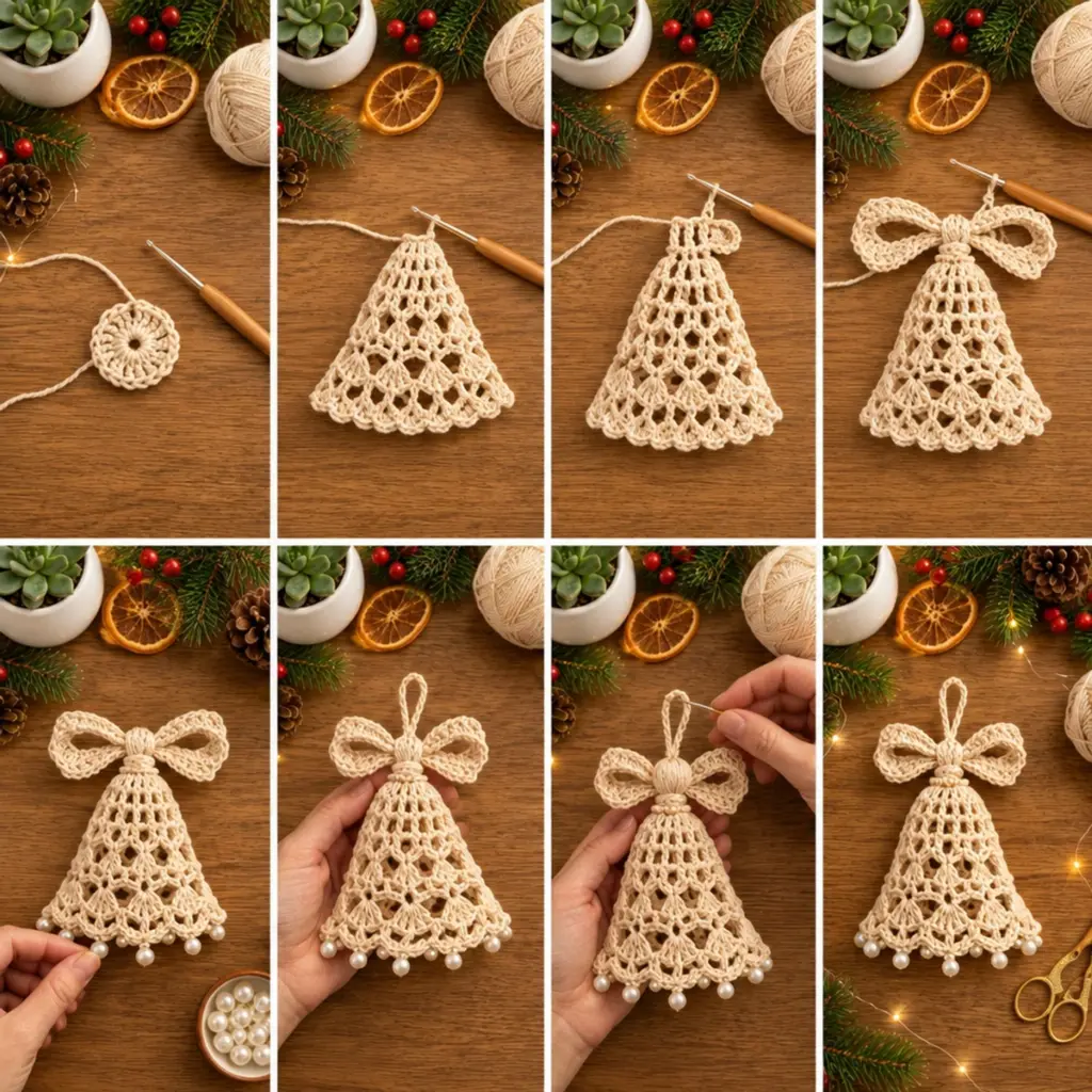 Ivory Lace Christmas Bell Ornament with Crochet Bow Tutorial article image 3