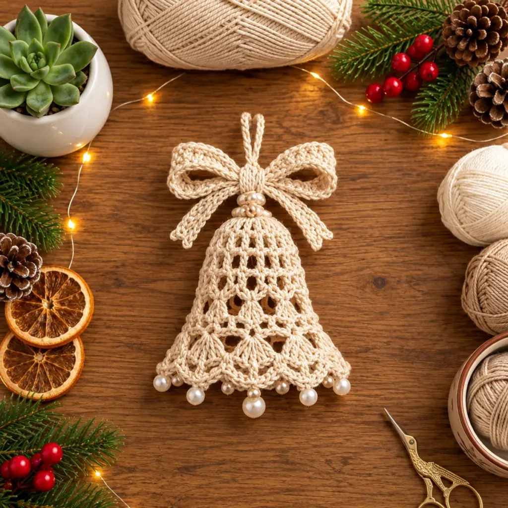 Ivory Lace Christmas Bell Ornament with Crochet Bow Tutorial article image 4