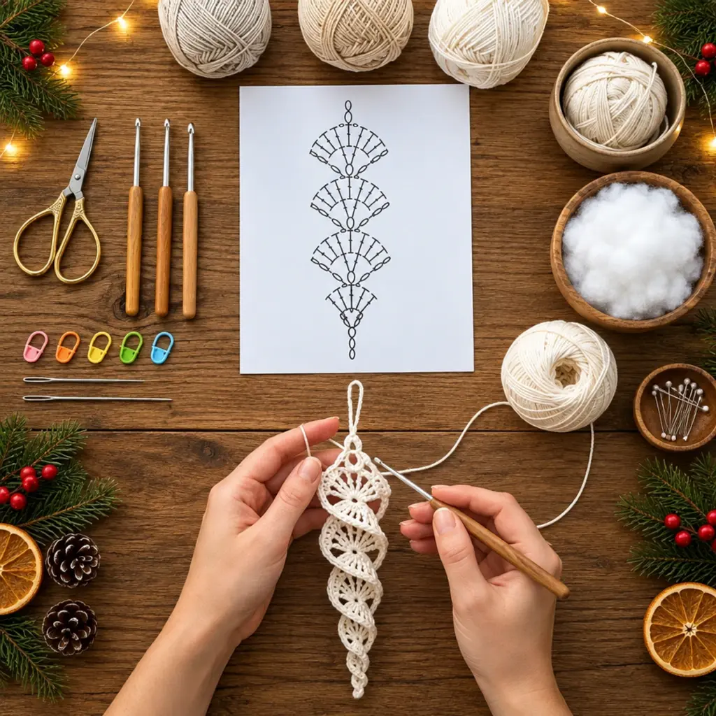 Elegant Ivory White Crochet Spiral Christmas Icicle Ornament article image 2