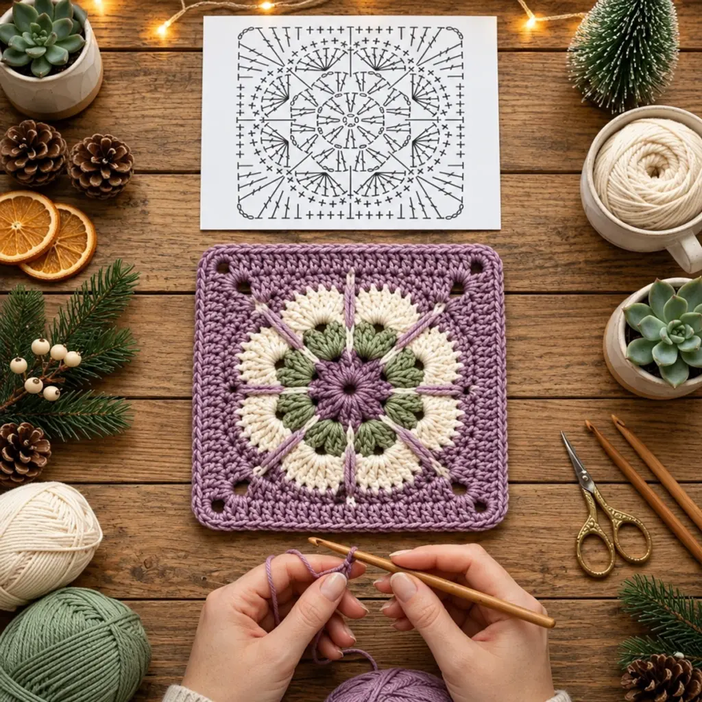 Cozy Lavender Daisy Bloom Floral Granny Square Pattern article image 4