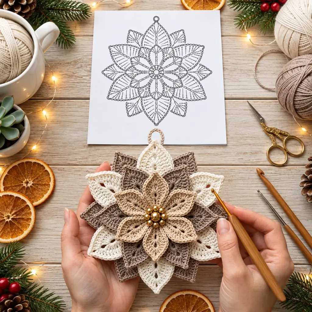 Layered Christmas Poinsettia Crochet Ornament: A Cozy Decor Delight article image 4