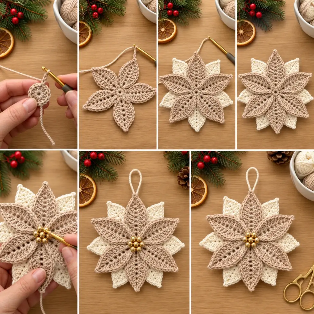 Layered Christmas Poinsettia Snowflake Crochet Ornament Delight article image 3