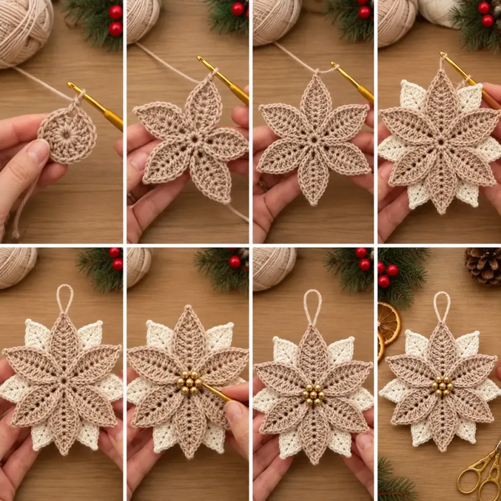 Layered Christmas Poinsettia Snowflake Crochet Ornament Delight article image 3