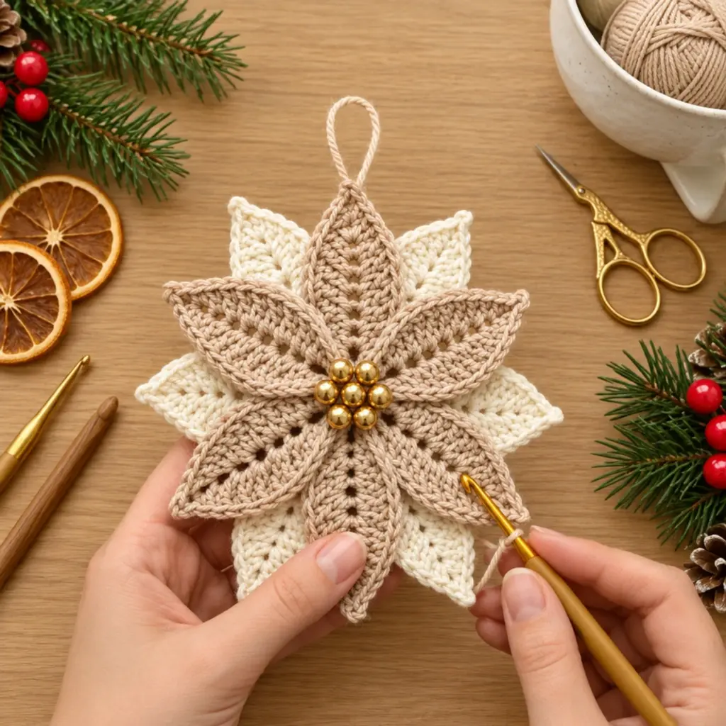 Layered Christmas Poinsettia Snowflake Crochet Ornament Delight article image 4
