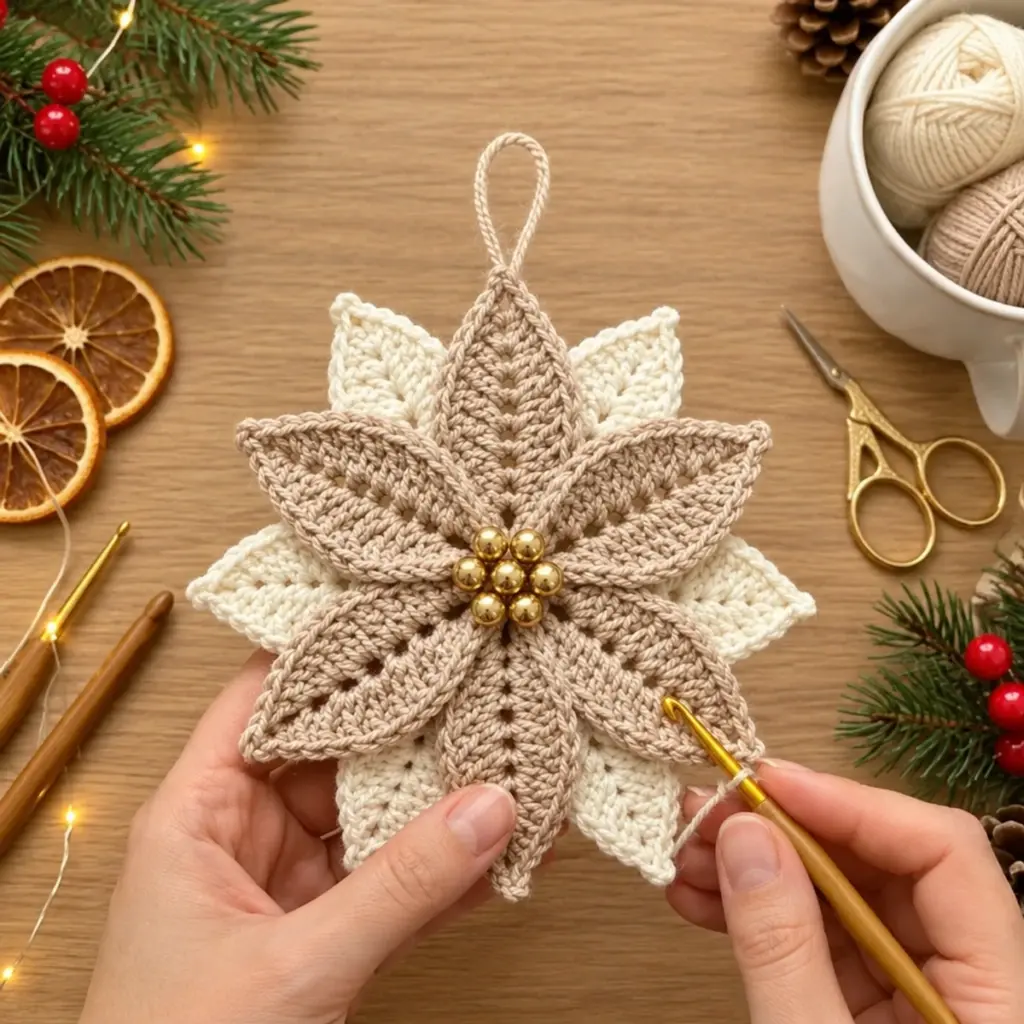 Layered Christmas Poinsettia Snowflake Crochet Ornament Delight article image 4