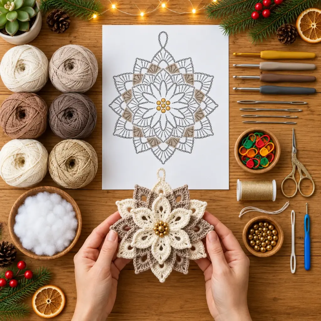 Layered Taupe and Ivory Crochet Poinsettia Snowflake Ornament Delight article image 2