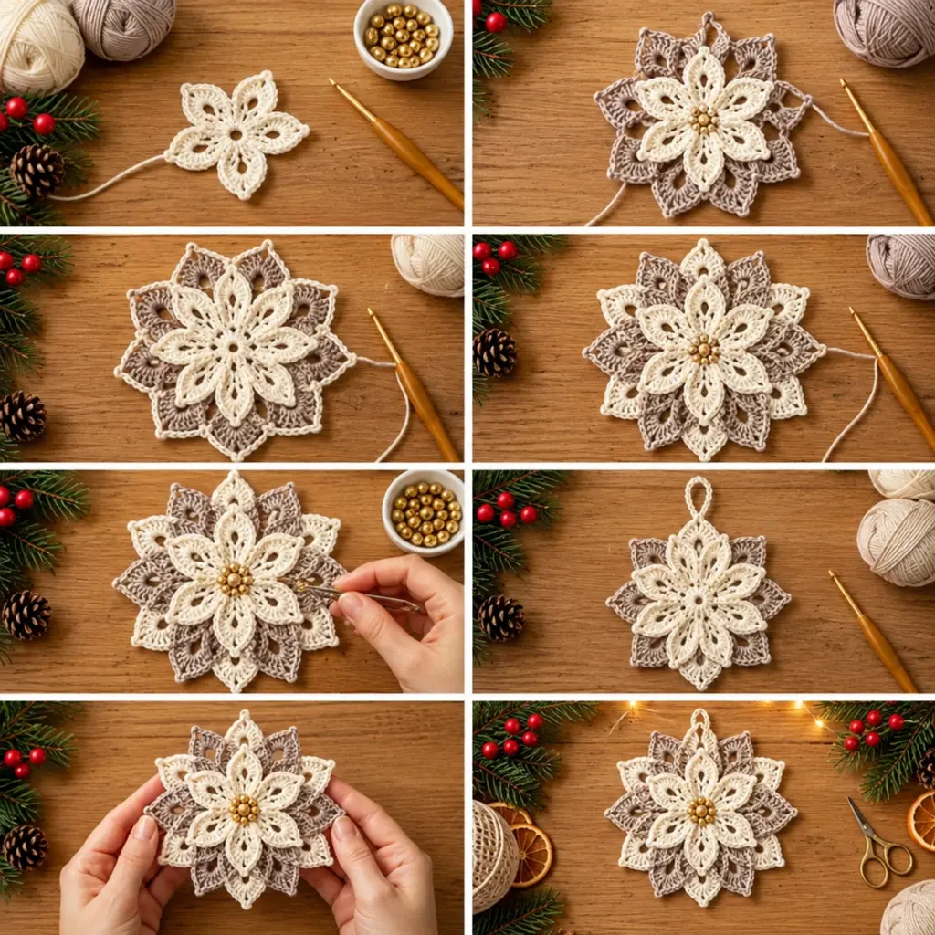 Layered Taupe and Ivory Crochet Poinsettia Snowflake Ornament Delight article image 3