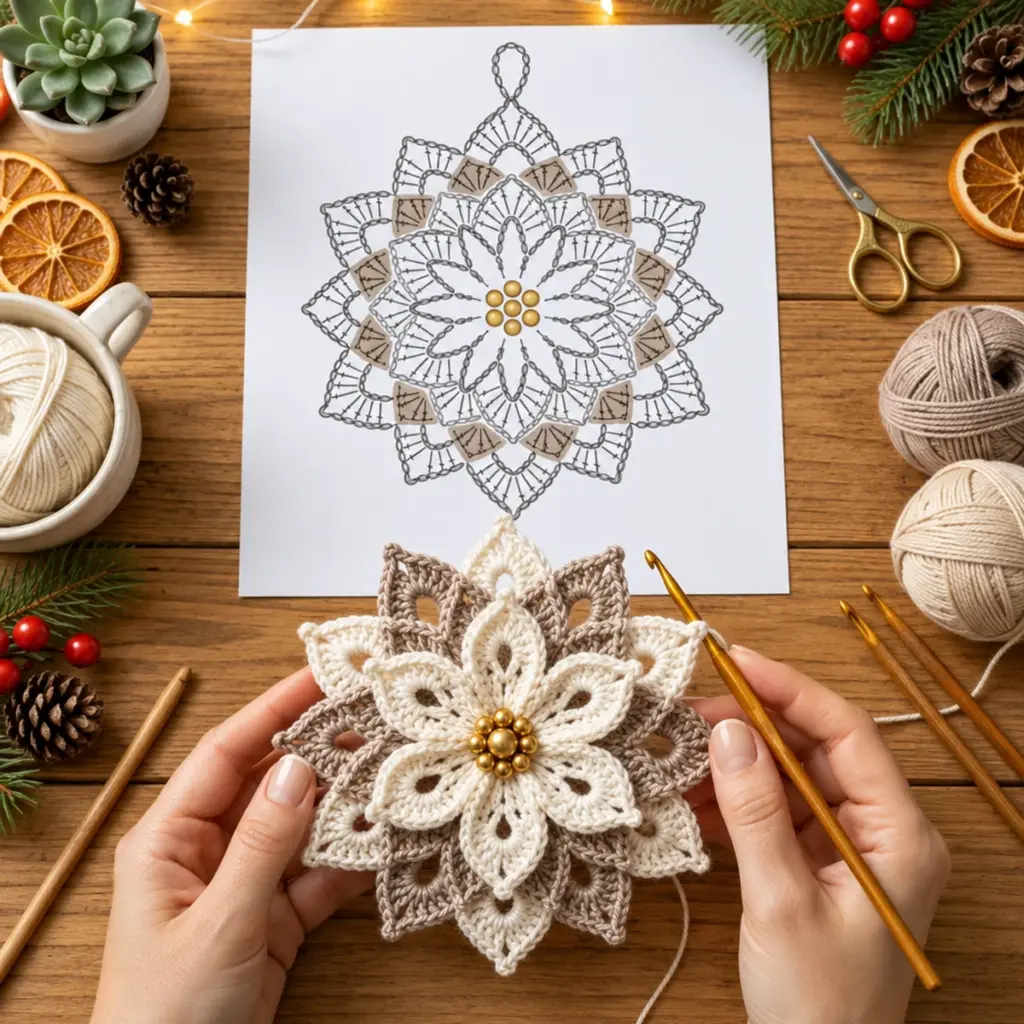 Layered Taupe and Ivory Crochet Poinsettia Snowflake Ornament Delight article image 4
