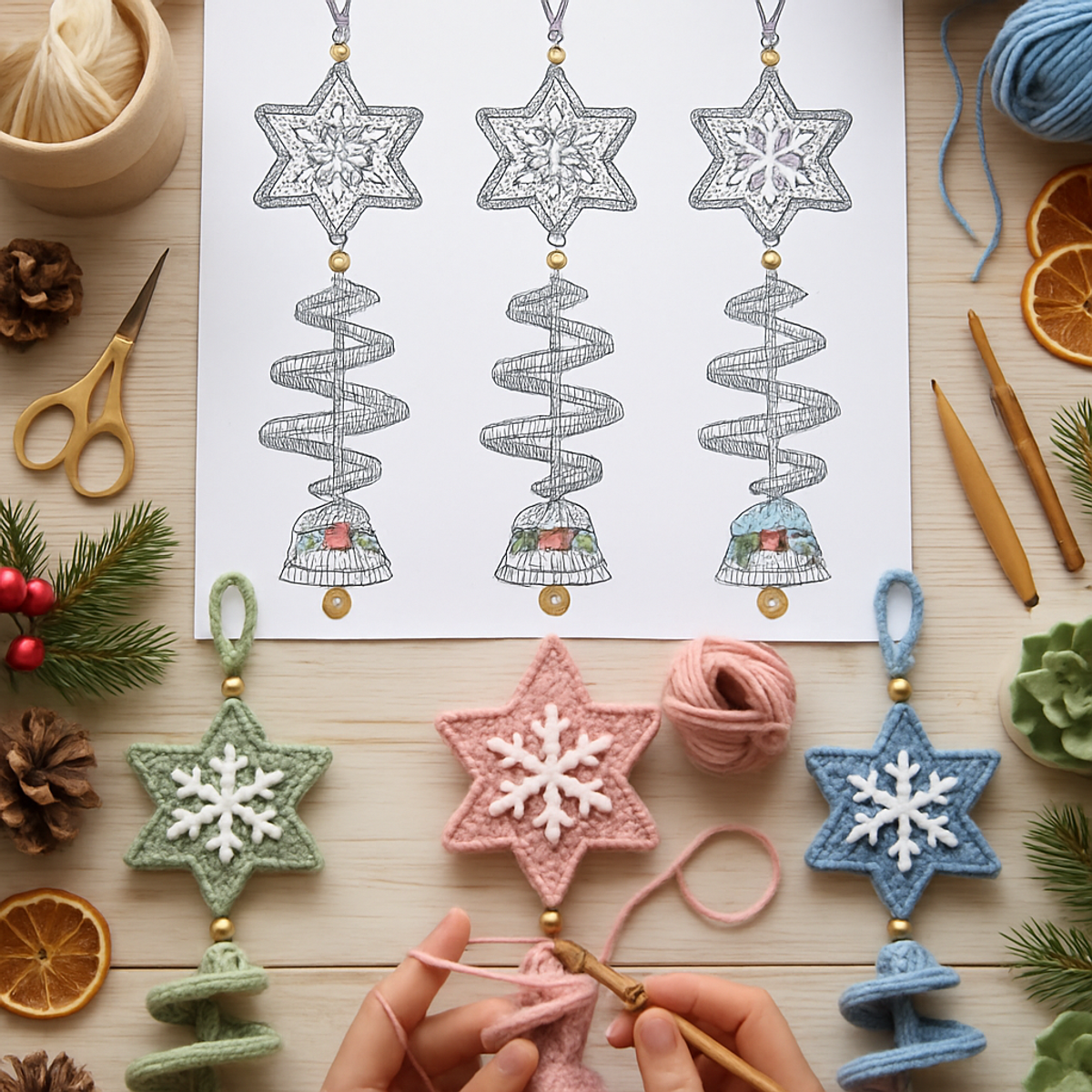Pastel Snowflake Star Spiral Bell Ornament: Cozy Holiday Craft