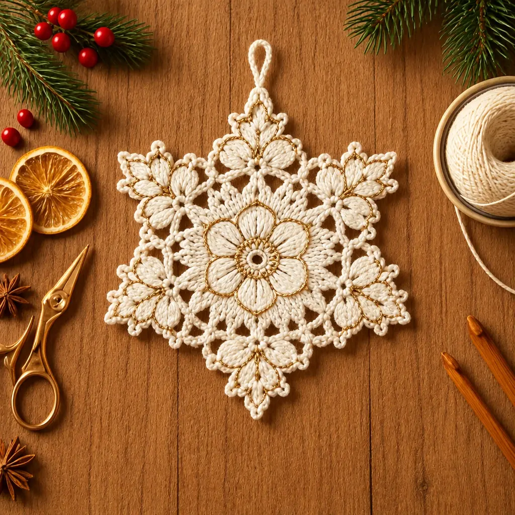 Finished ivory and gold crochet snowflake ornament