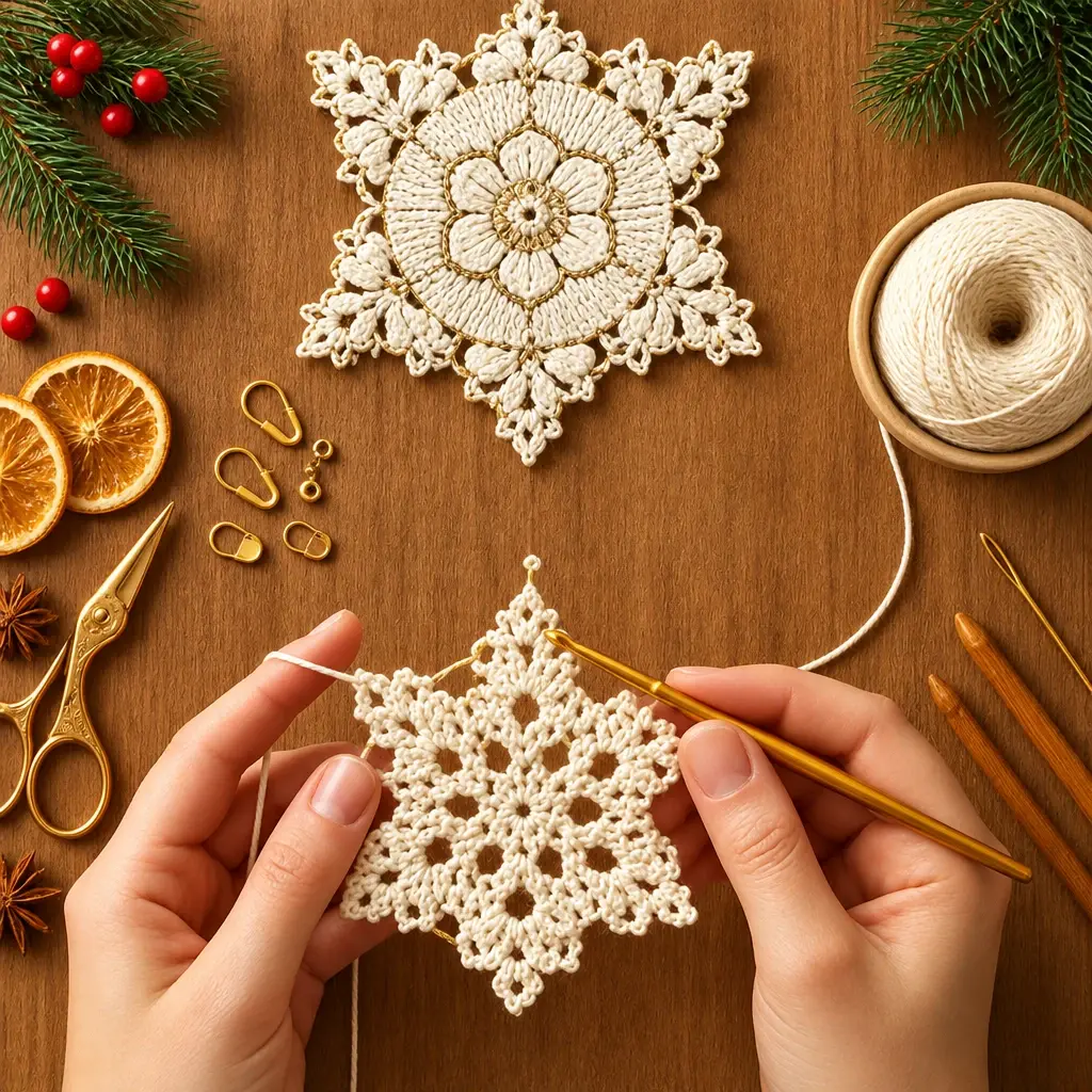 Materials for ivory and gold crochet snowflake ornament