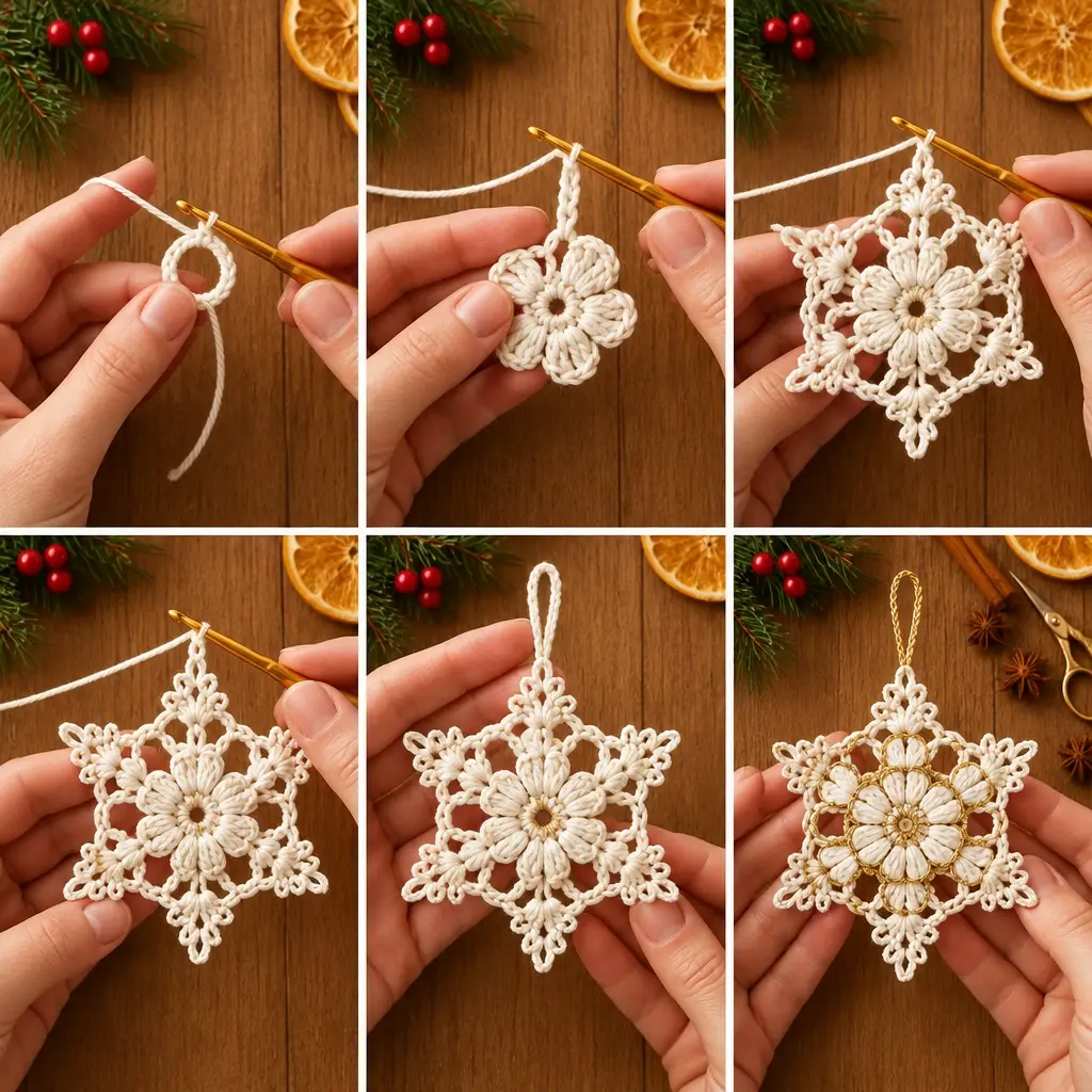 Step-by-step collage for ivory and gold crochet snowflake ornament