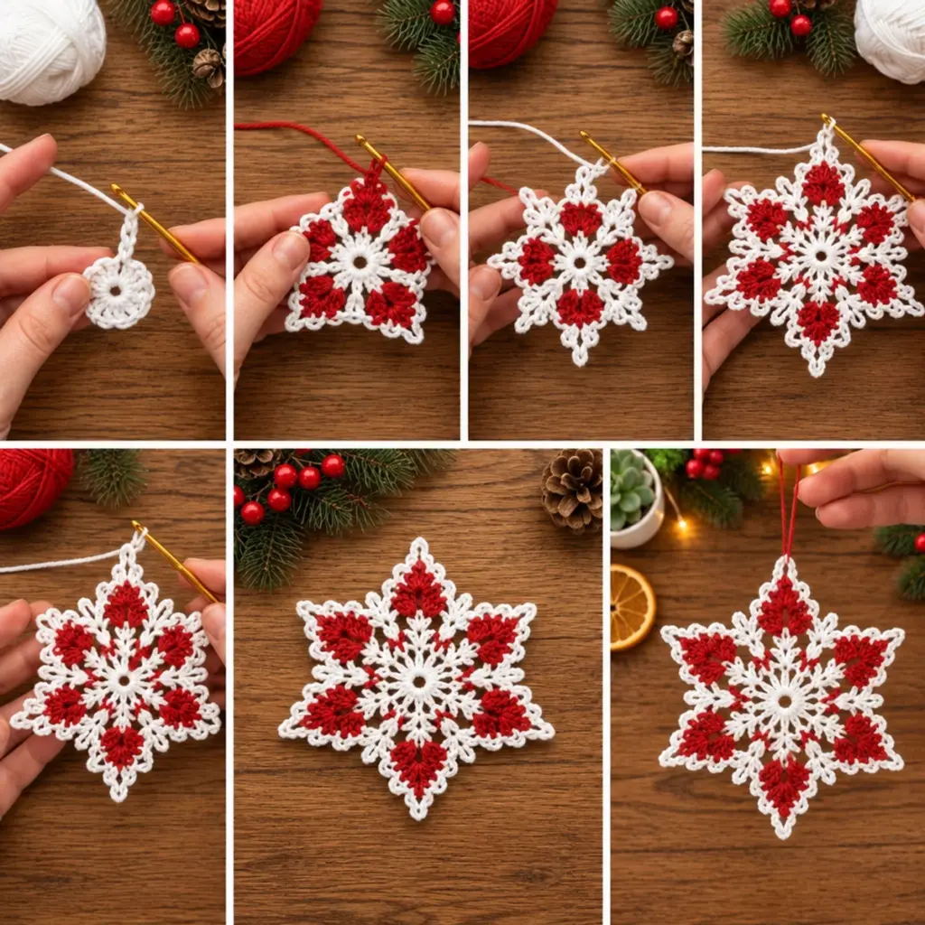 Charming Red and White Christmas Snowflake Crochet Ornament article image 3