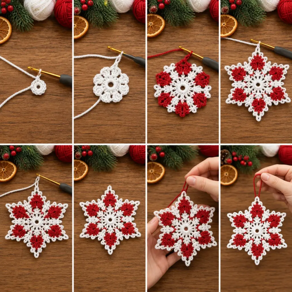 Charming Red and White Christmas Snowflake Crochet Ornament article image 3