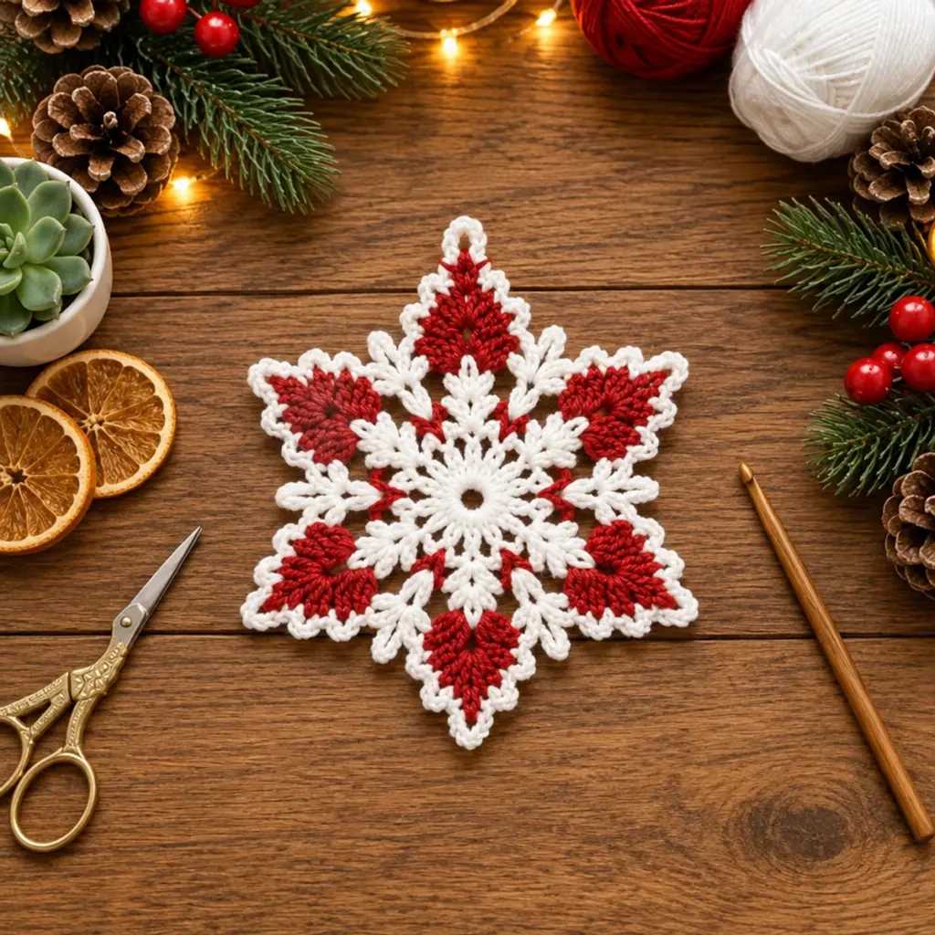 Charming Red and White Christmas Snowflake Crochet Ornament article image 4