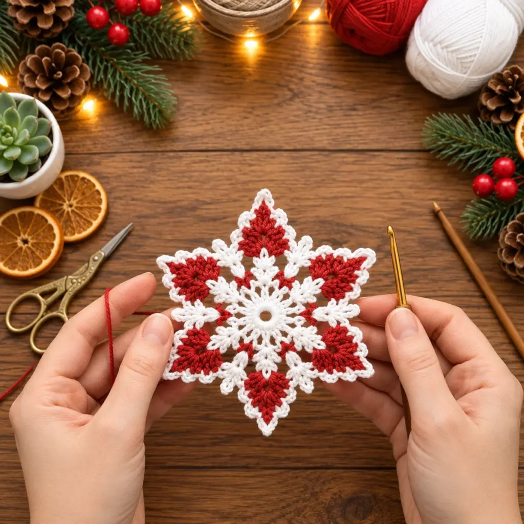 Charming Red and White Christmas Snowflake Crochet Ornament article image 4