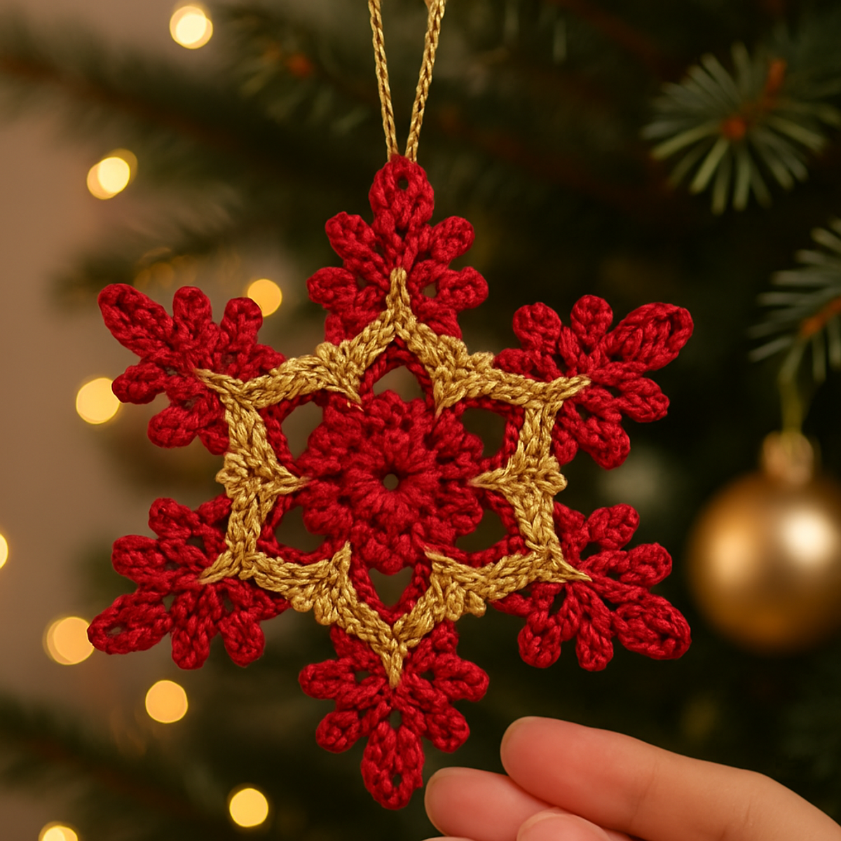 Charming Red & Gold Crochet Snowflake Ornament Tutorial