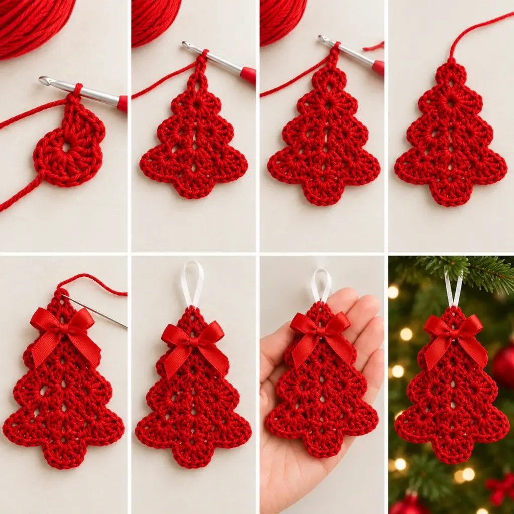 Charming Red Lacy Crochet Christmas Tree Ornament with Satin Bow article image 3