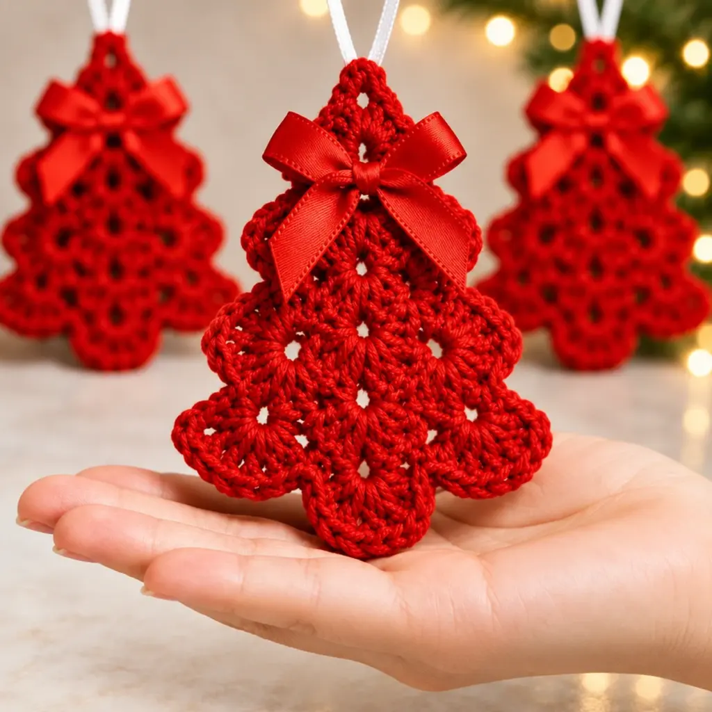 Charming Red Lacy Crochet Christmas Tree Ornament with Satin Bow article image 4