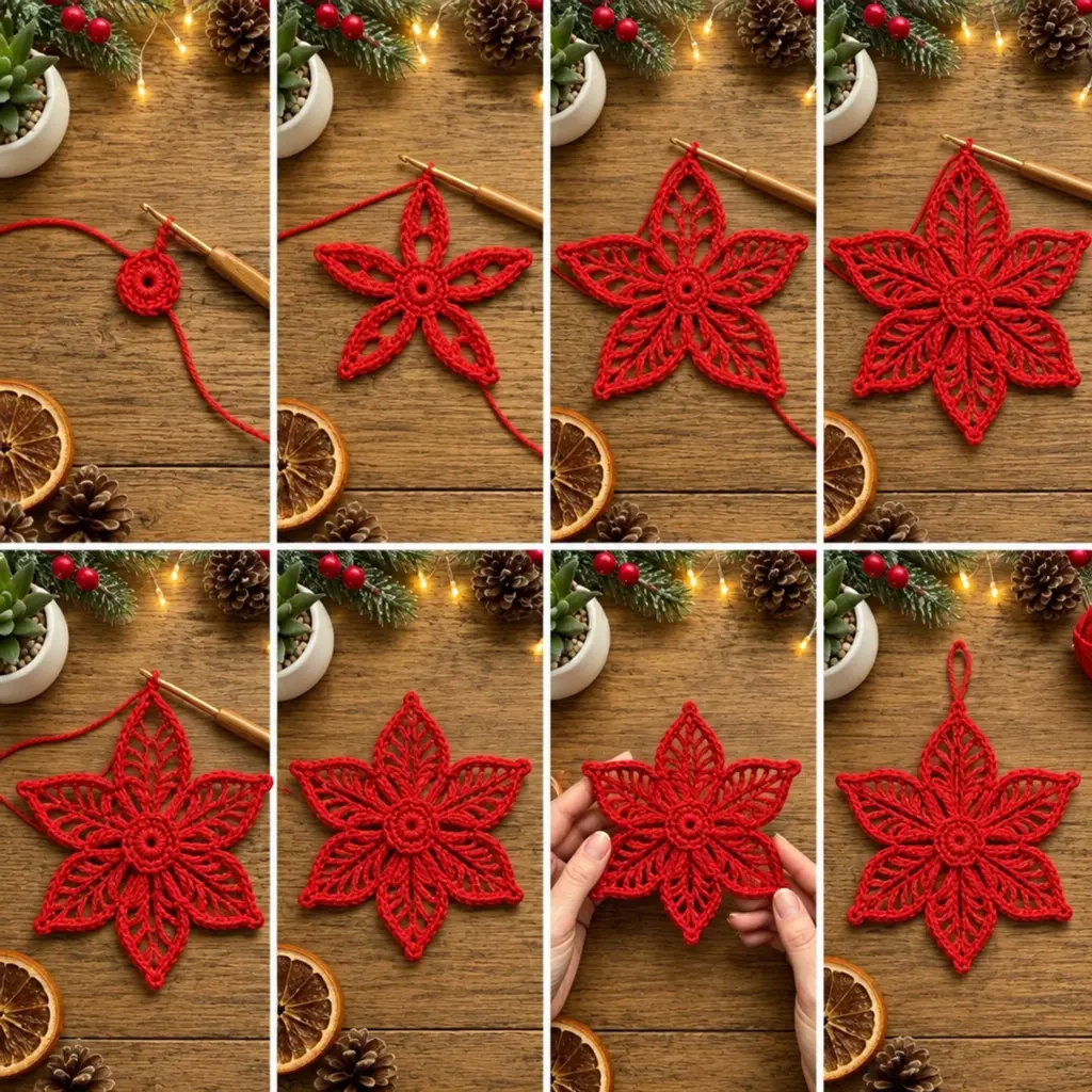 Craft a Cozy Red Six-Petal Crochet Christmas Star Ornament article image 3