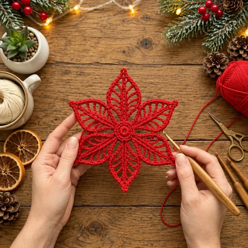 Craft a Cozy Red Six-Petal Crochet Christmas Star Ornament article image 4