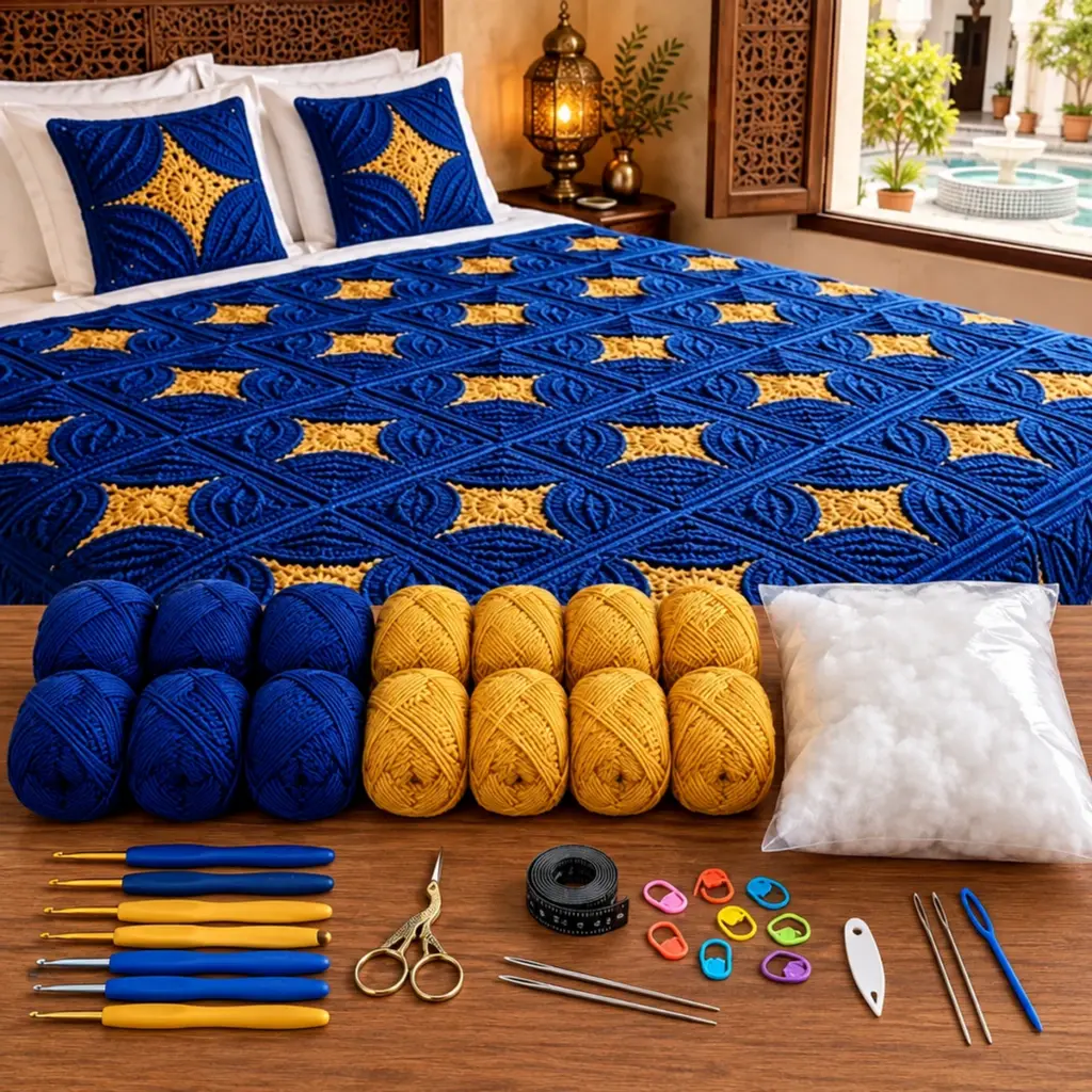 Cozy Royal Blue & Golden Star Textured Crochet Bedspread article image 2