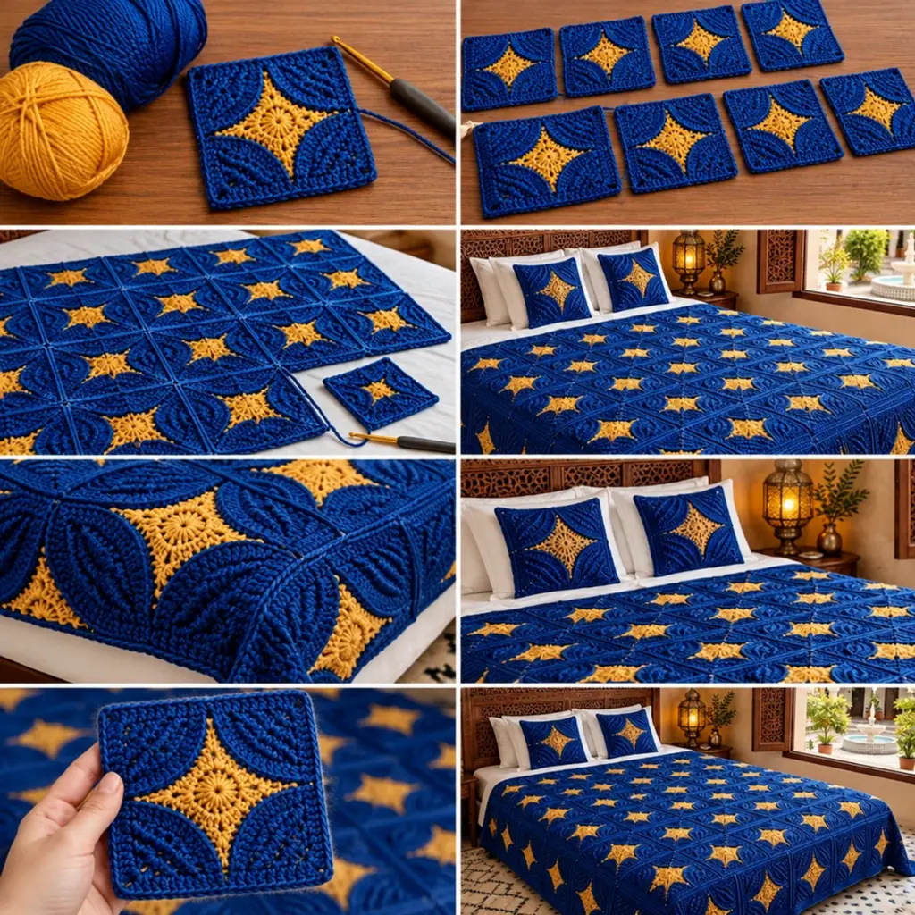 Cozy Royal Blue & Golden Star Textured Crochet Bedspread article image 3