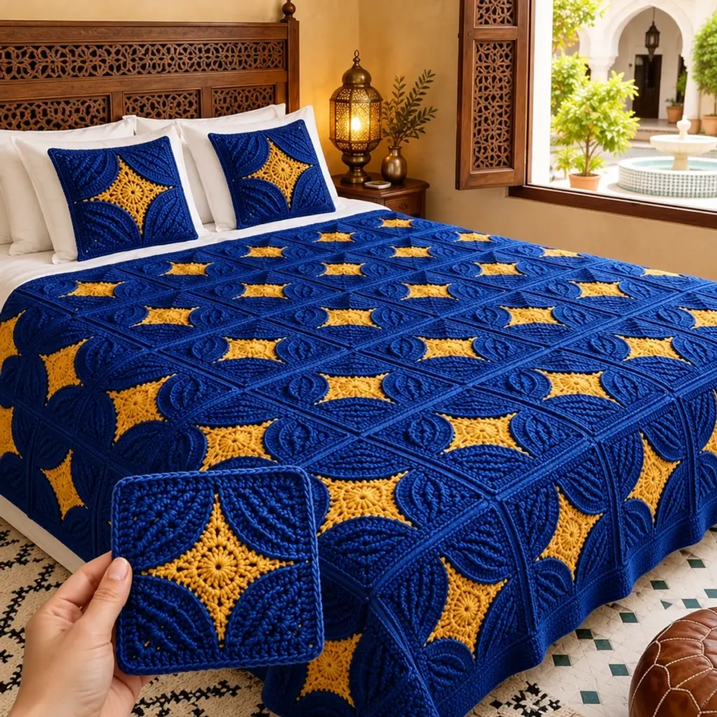 Cozy Royal Blue & Golden Star Textured Crochet Bedspread article image 4