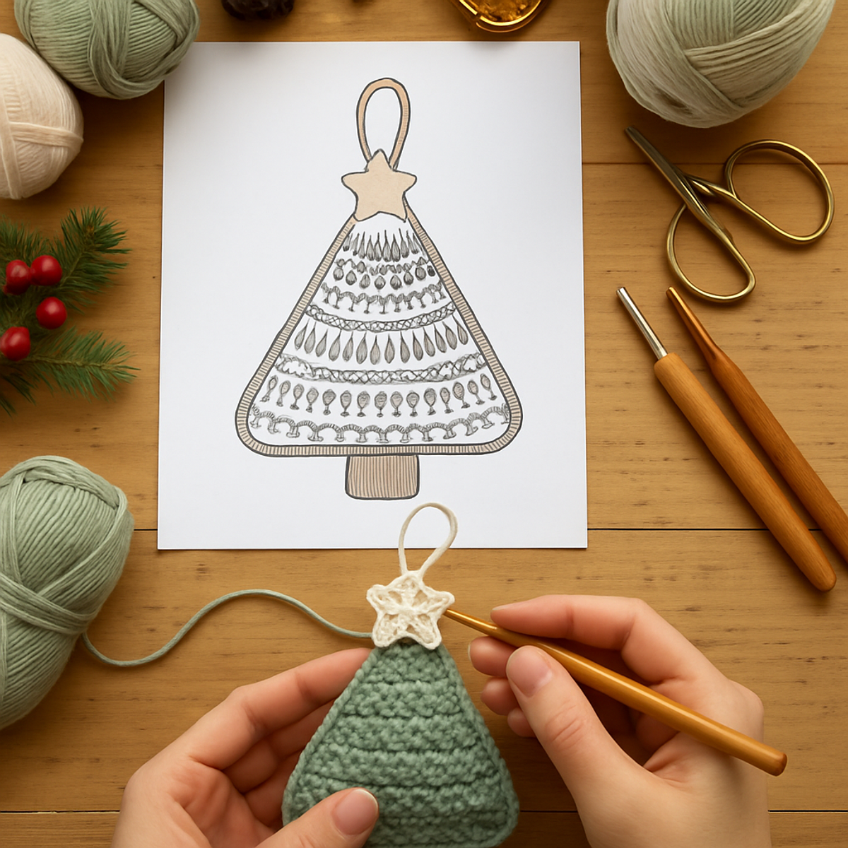 Sage Green Crochet Christmas Tree Ornament: Cozy Holiday Craft