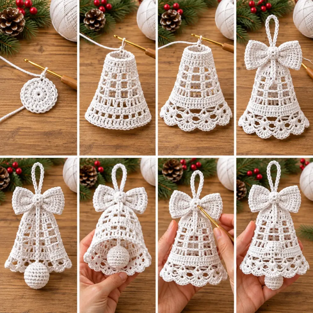 Charming Snow White Crochet Christmas Bell Ornament with Bow article image 3