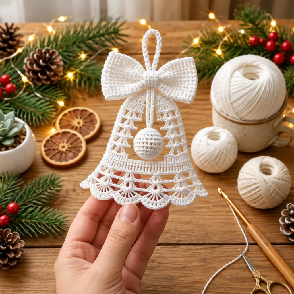 Charming Snow White Crochet Christmas Bell Ornament with Bow article image 4