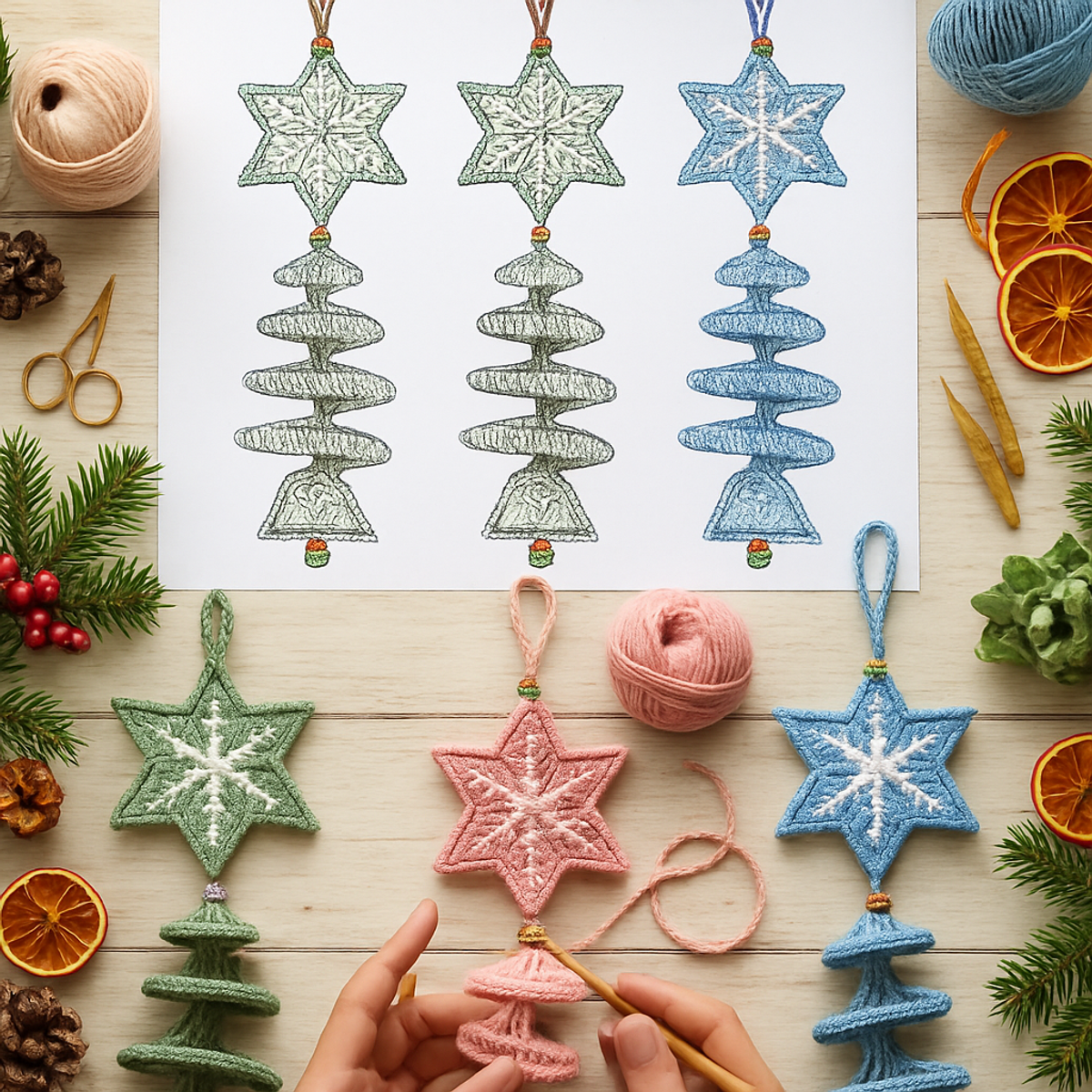 Charming Snowflake Star Spiral Bell Ornaments Trio to Crochet