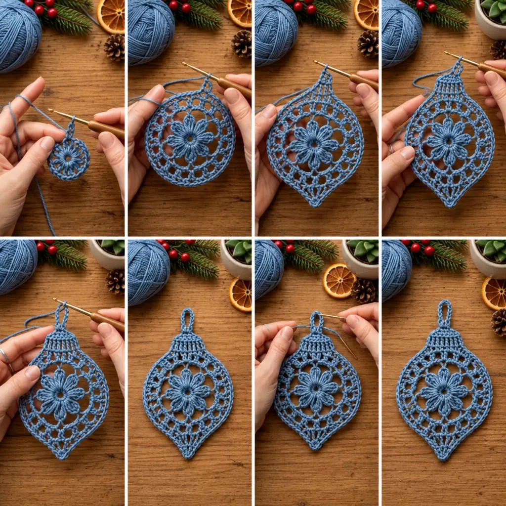 Vintage Dusty Blue Crochet Snowflake Flower Curtain Delight article image 3
