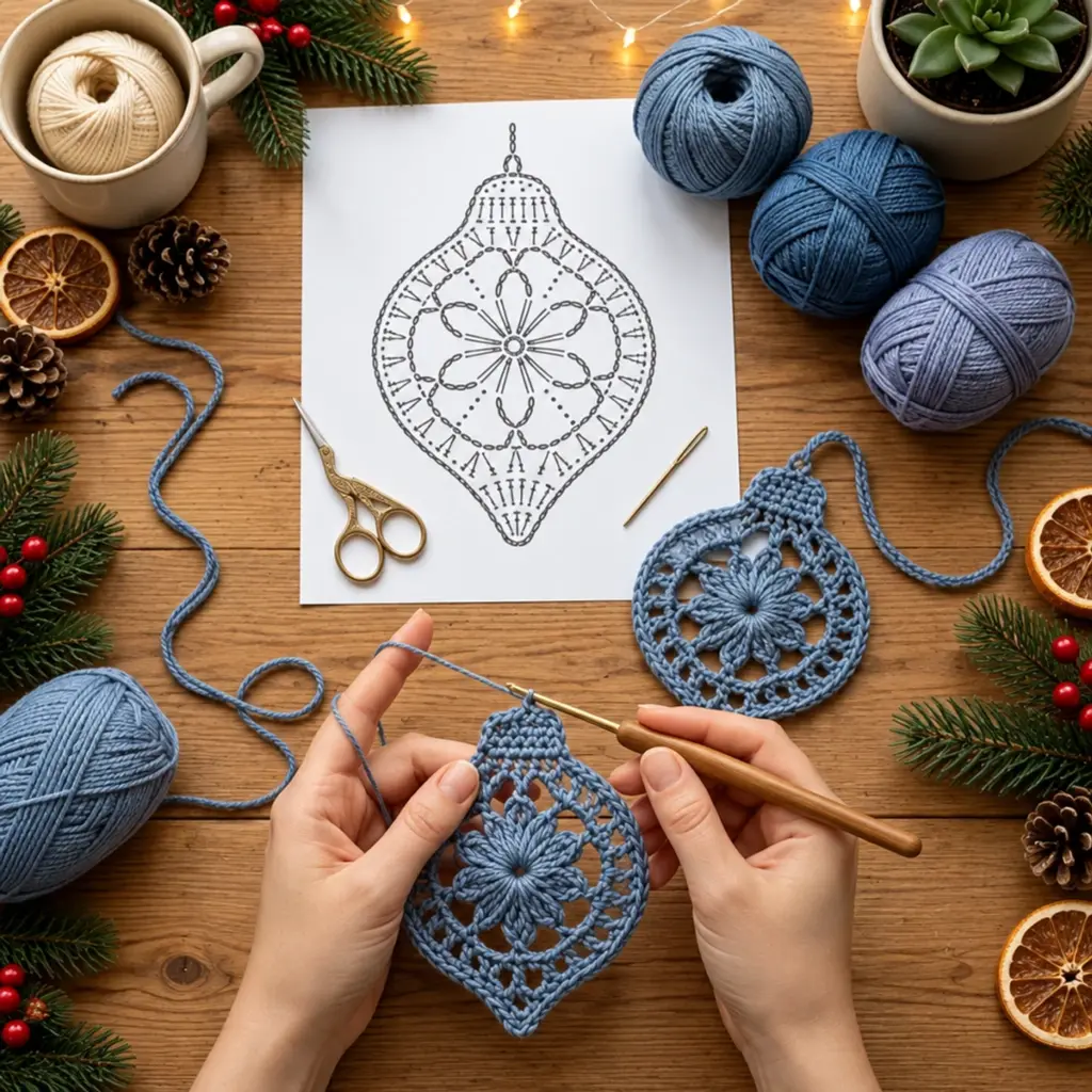 Vintage Dusty Blue Crochet Snowflake Flower Curtain Delight article image 4